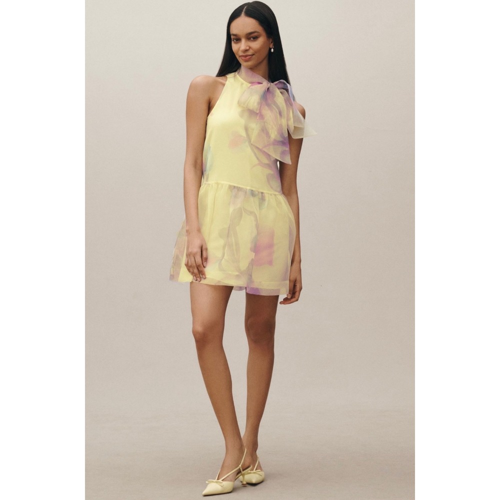 NWT BHLDN Anthropologie Sophia Organza Mini Dress XL Yellow Floral‎ Watercolor